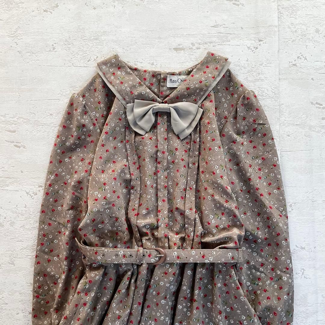 昭和レトロ【総柄】花柄 リボンデザイン 長袖ロングワンピースグレー