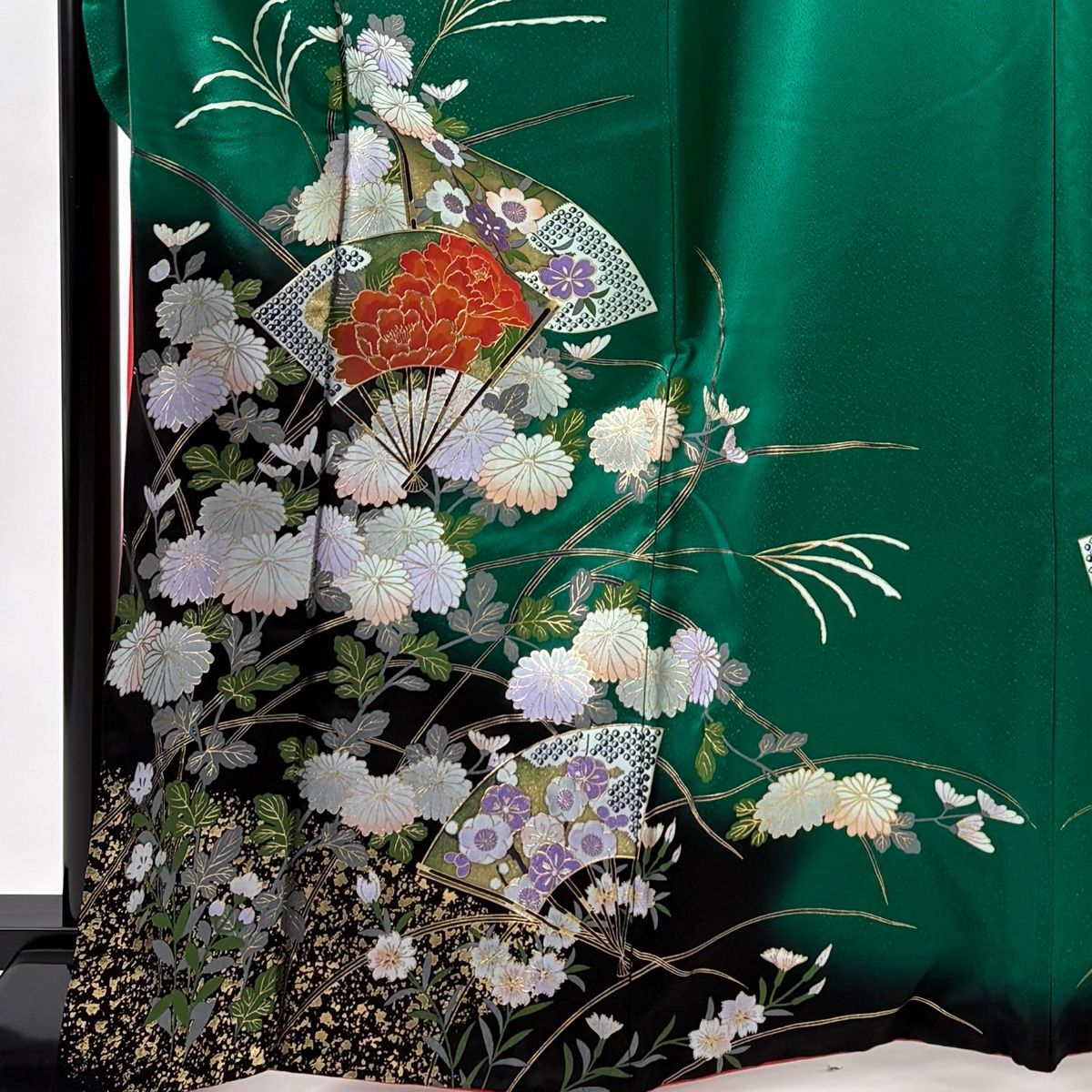 振袖 身丈166.5cm 裄丈67cm M 袷 扇 菊 金彩 染め分け 緑 正絹 秀品