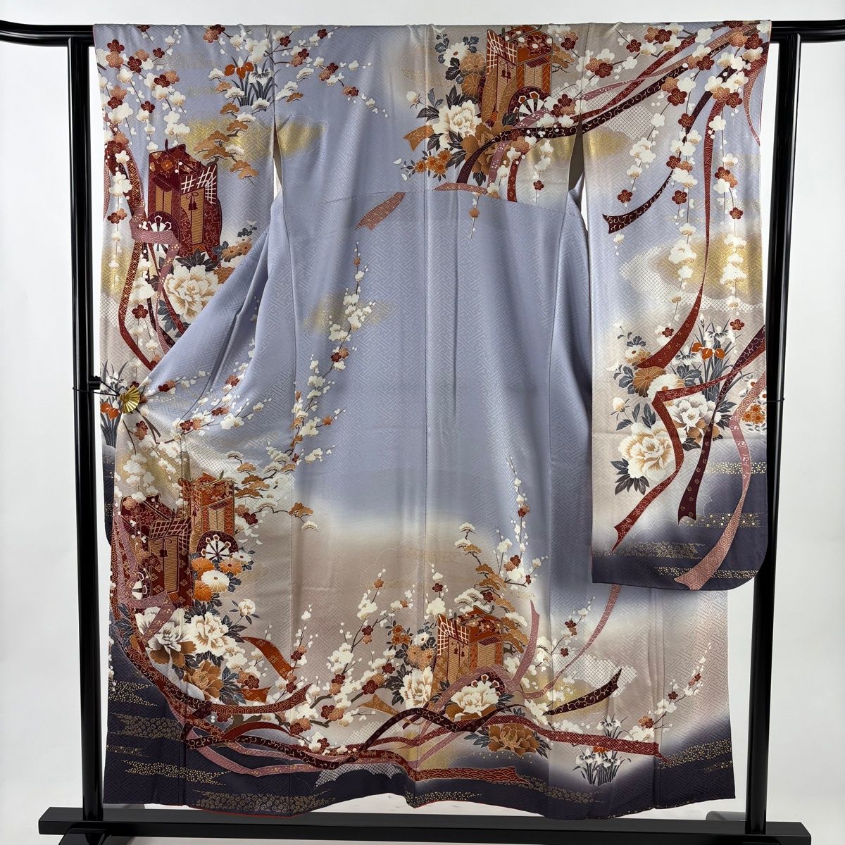 振袖 身丈154.5cm 裄丈62.5cm S 袷 御所車 枝梅 金糸 金彩 薄紫