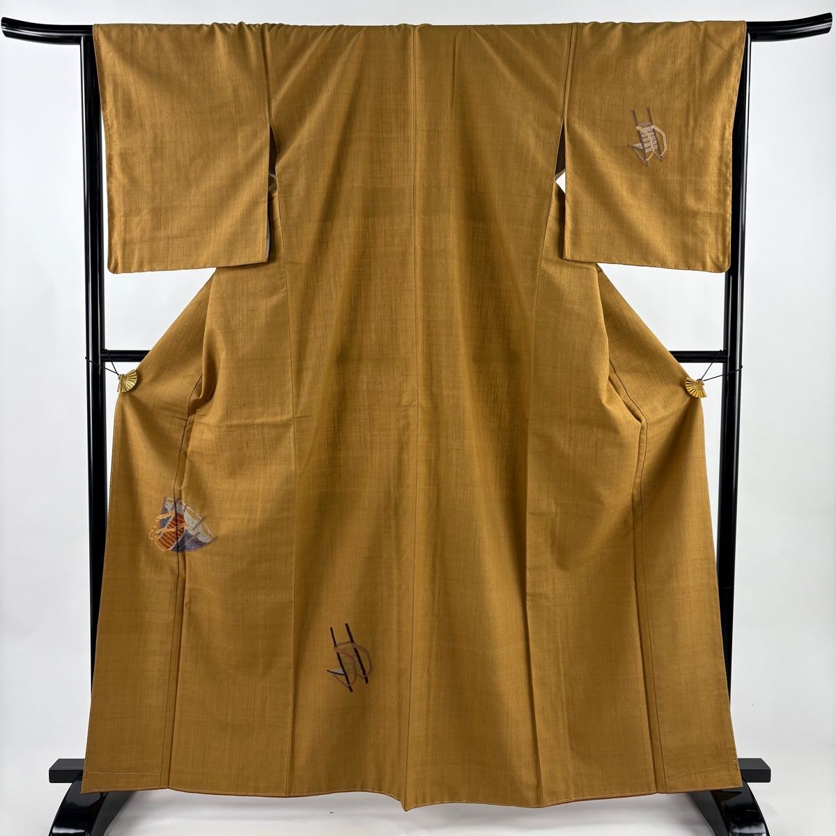 美品】 付下げ 身丈163cm 裄丈66.5cm M 袷 紬地 背負い籠 山吹茶色