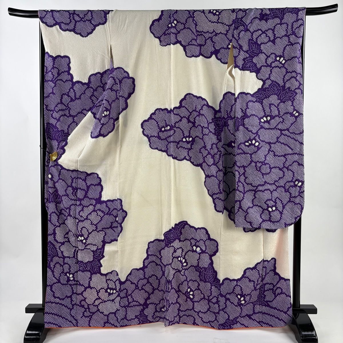 総絞り 振袖フルセット 身丈167裄66.5 牡丹花文 黒 紫 暈し染め 逸品 振袖 総絞り 紫牡丹 - からん::アンティーク着物・リサイクル着物の