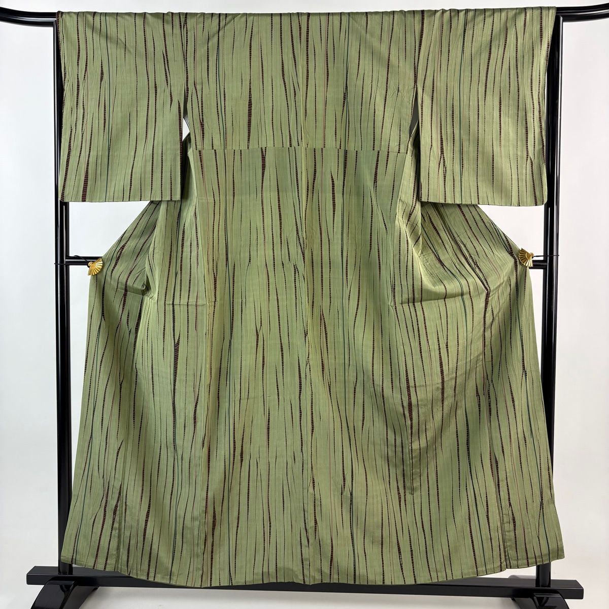 紬 身丈158cm 裄丈66cm M 単衣 けん玉 縞 灰緑 正絹 美品