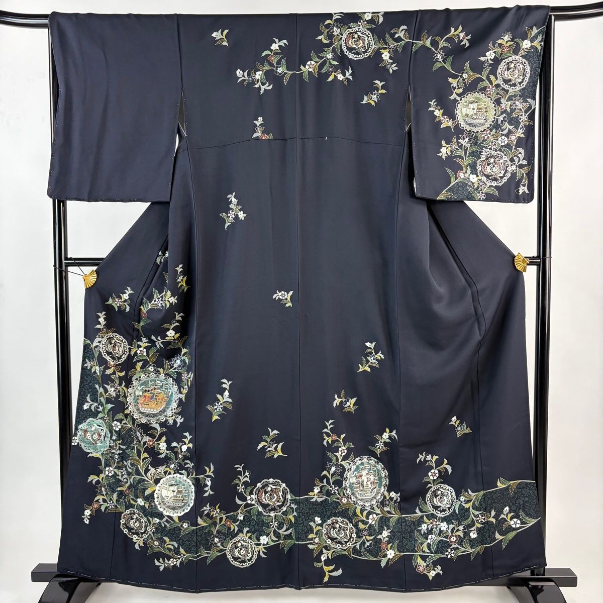 美品】 訪問着 身丈161.5cm 裄丈66cm M 袷 舟 草花 刺繍 金銀彩 濃紺