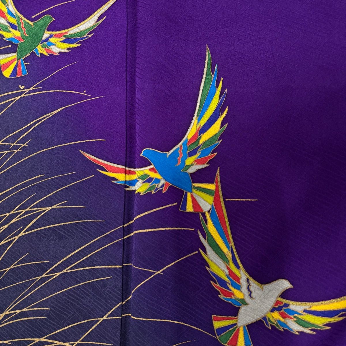 振袖 身丈160cm 裄丈67cm M 袷 斉藤三才 落款 鳥 葉柄 金彩 ぼかし 紫