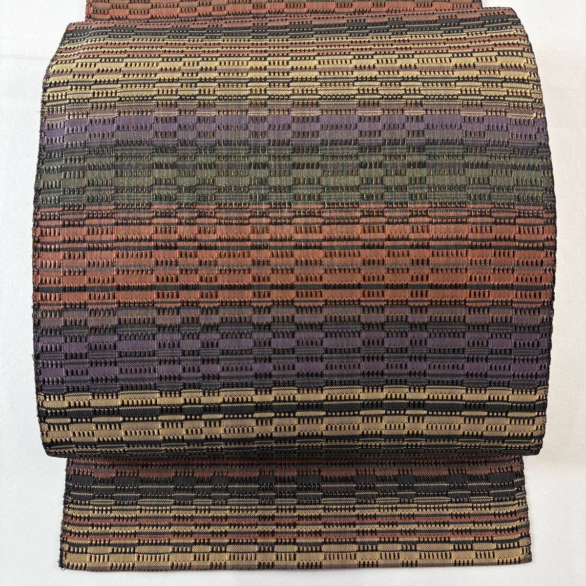 美品】 名古屋帯 秀品 八寸名古屋帯 松葉仕立て 縞 幾何学 金糸 紫