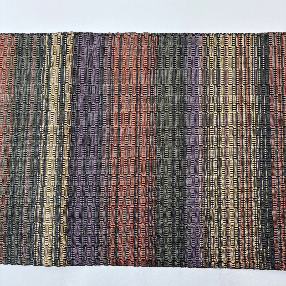 美品】 名古屋帯 秀品 八寸名古屋帯 松葉仕立て 縞 幾何学 金糸 紫