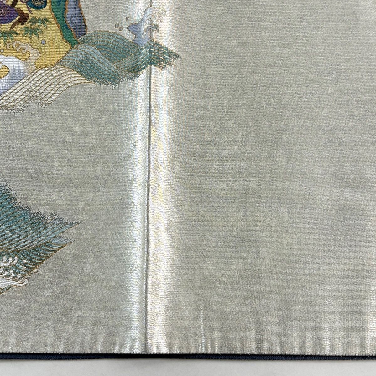 袋帯 秀品 落款 松竹梅 鶴 金糸 箔 灰緑 お太鼓柄 正絹 【中古