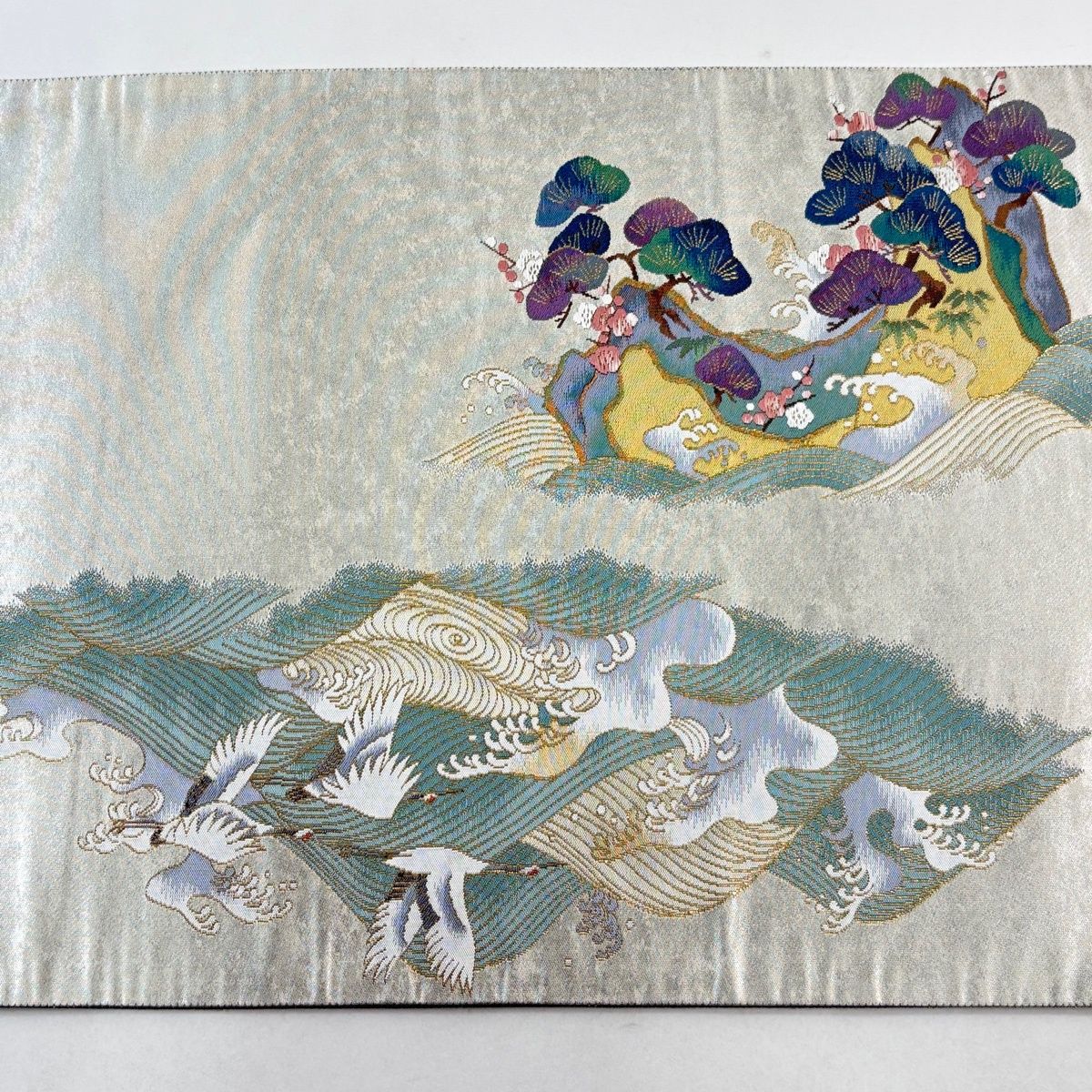 袋帯 お太鼓帯　緑青色 鶴の刺繍 袋帯 秀品 落款 松竹梅 鶴 金糸 箔 灰緑 お太鼓柄 正絹 【中古