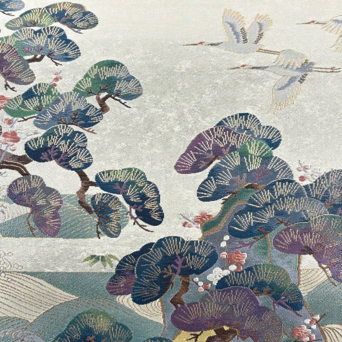 袋帯 秀品 落款 松竹梅 鶴 金糸 箔 灰緑 お太鼓柄 正絹 【中古