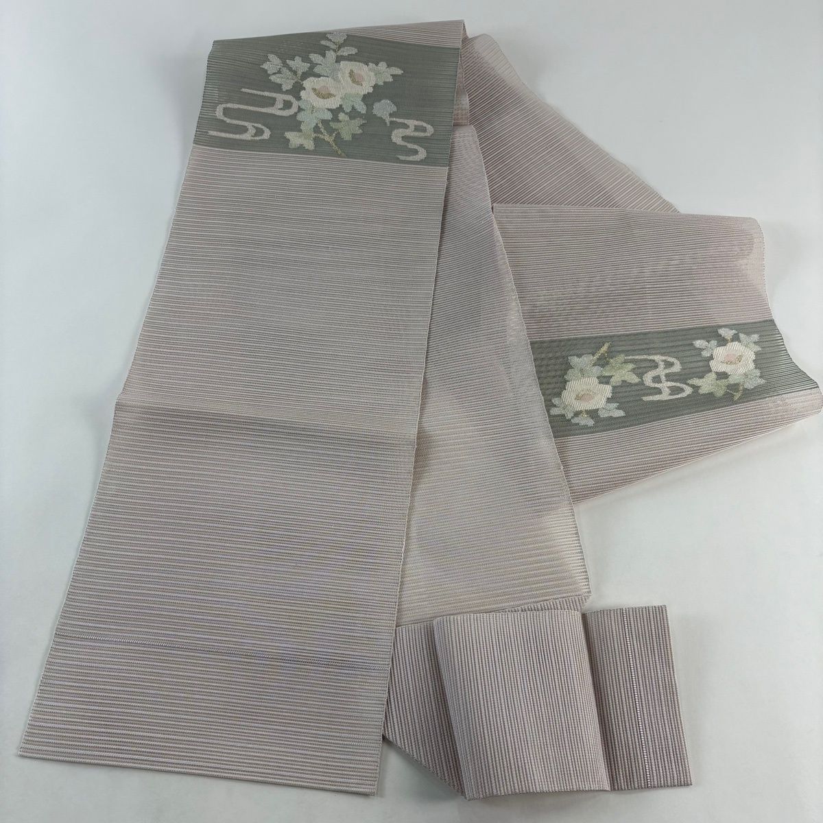 美品】 名古屋帯 秀品 夏帯 絽 八寸名古屋帯 松葉仕立て 草花 流水 金