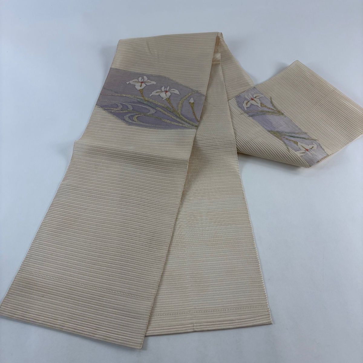 名古屋帯 秀品 夏帯 絽 八寸名古屋帯 菖蒲 流水 金銀糸 薄紫 正絹