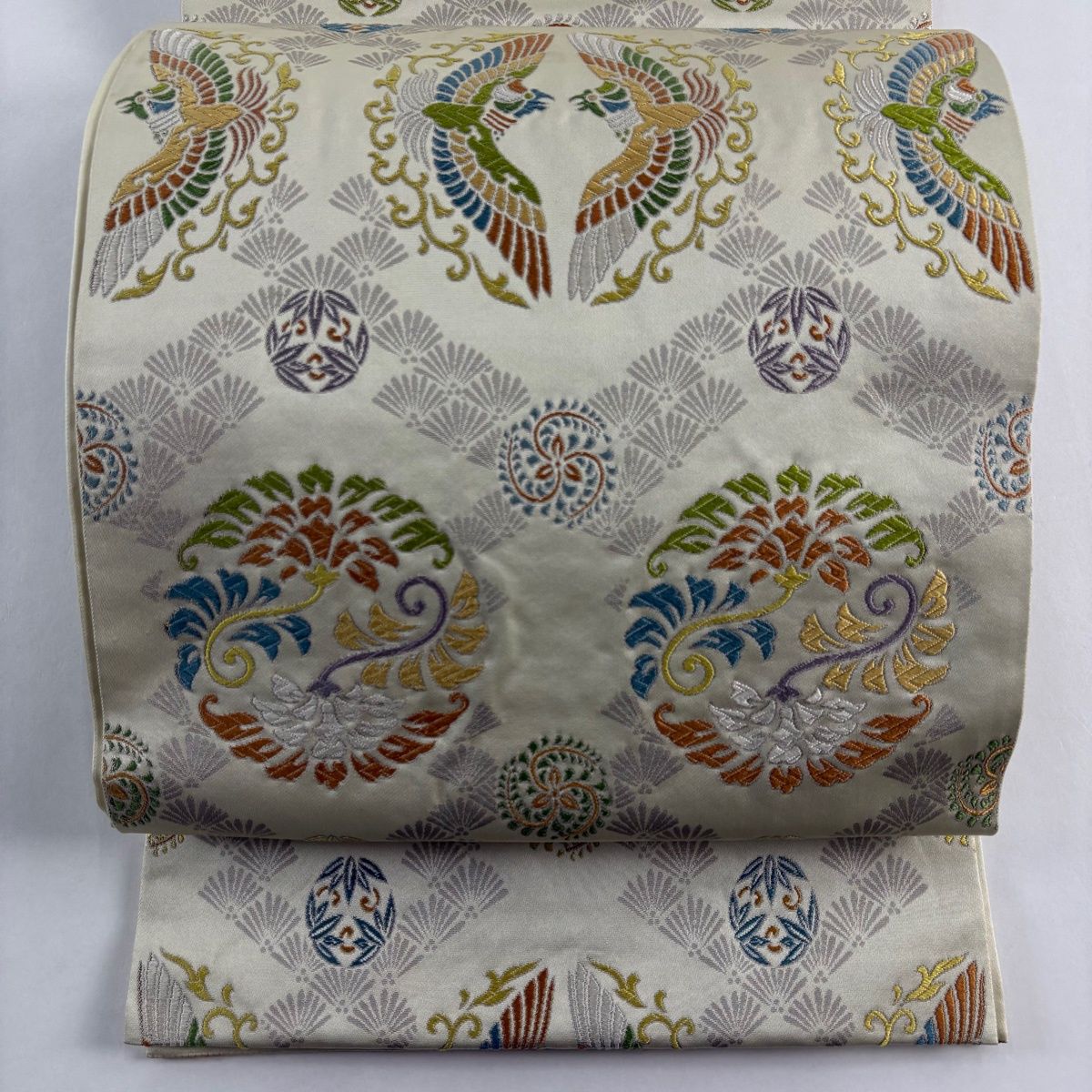 袋帯 秀品 川島織物 落款 鳥 草花 刺繍 灰緑 六通 正絹 【中古