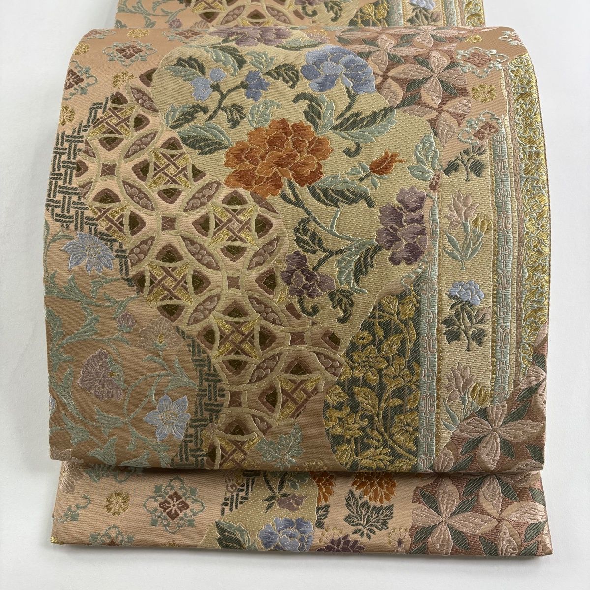 袋帯 美品 秀品 花鳥 流水 唐織 金糸 薄茶色 六通 正絹 【中古 