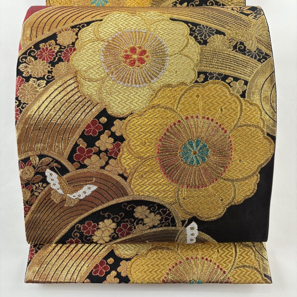 美品】 袋帯 秀品 振袖向き 草花 波 金銀糸 箔 黒 六通 正絹 【中古