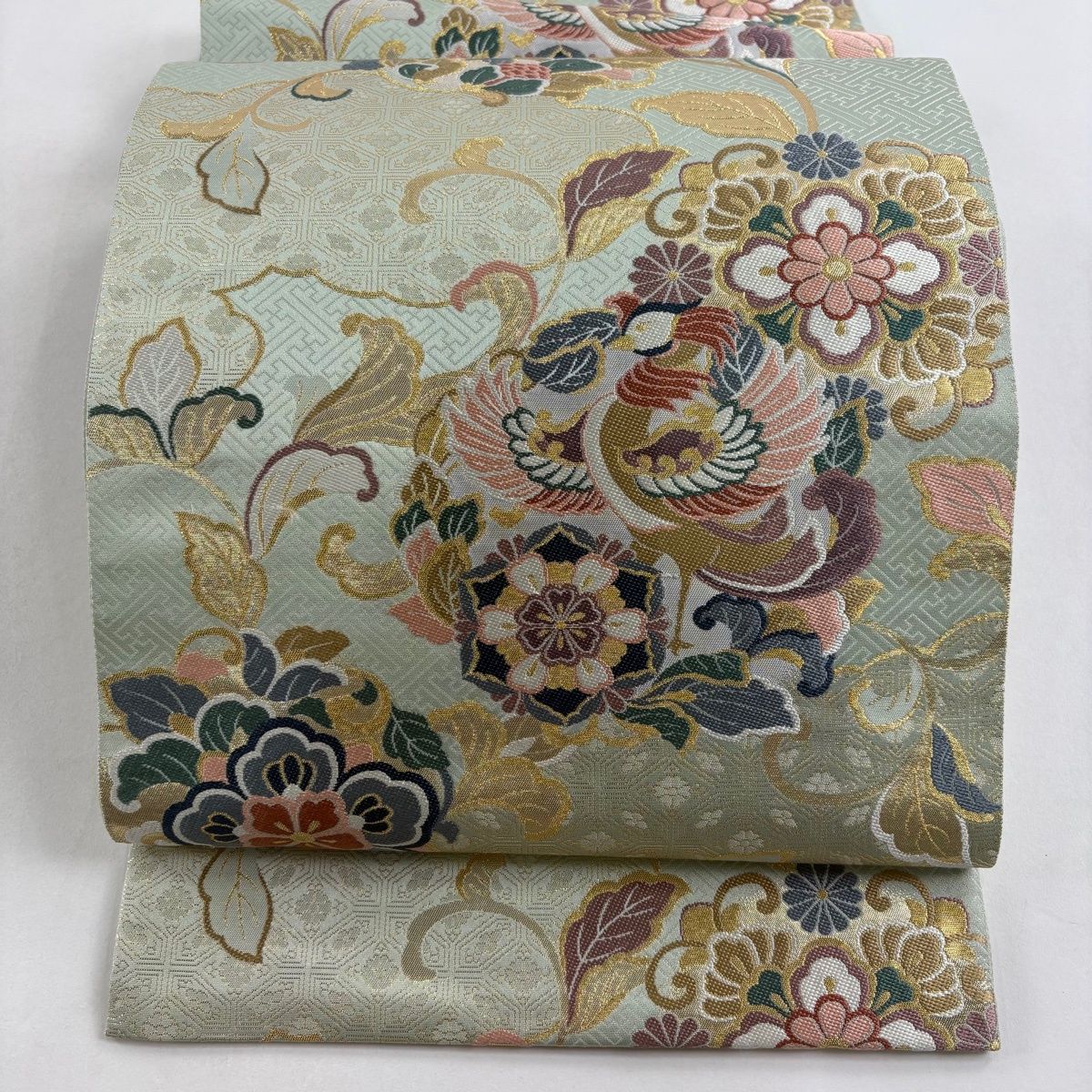 A21 美品　袋帯　唐織　鳳凰冊子 草花 金糸豆緑　六通 正絹 A21 美品 袋帯 唐織 鳳凰冊子 草花 金糸豆緑 六通 正絹 A21 美品 袋帯