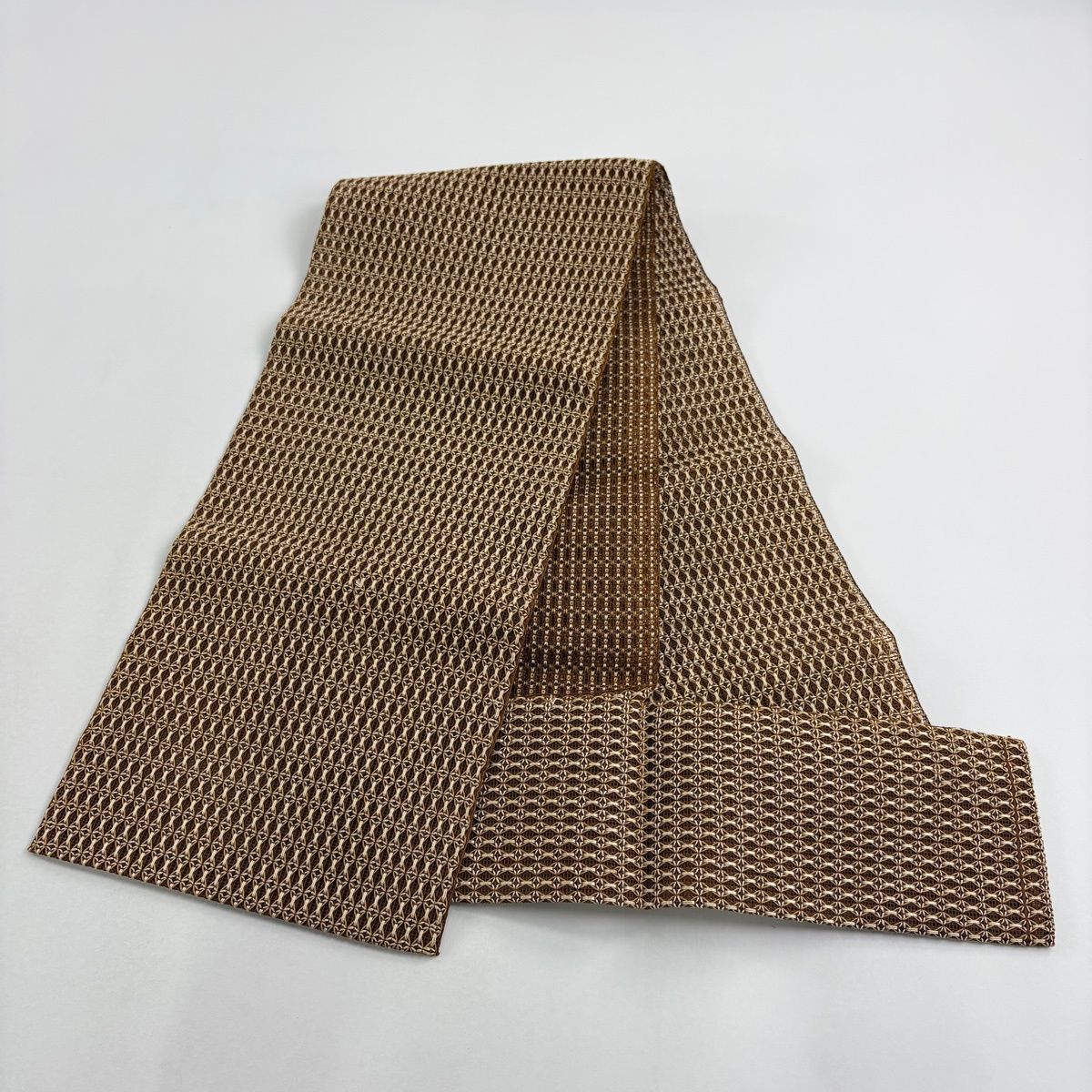 美品】 名古屋帯 秀品 夏帯 八寸名古屋帯 松葉仕立て 幾何学 茶色 正絹