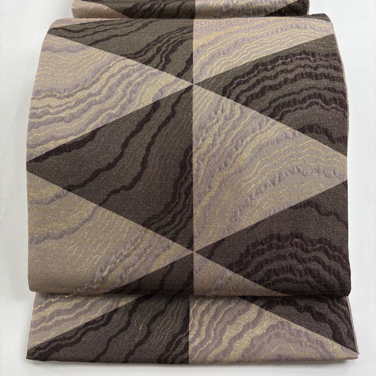 袋帯 秀品 よろけ縞 幾何学模様 金糸 箔 灰茶 全通 正絹 【中古