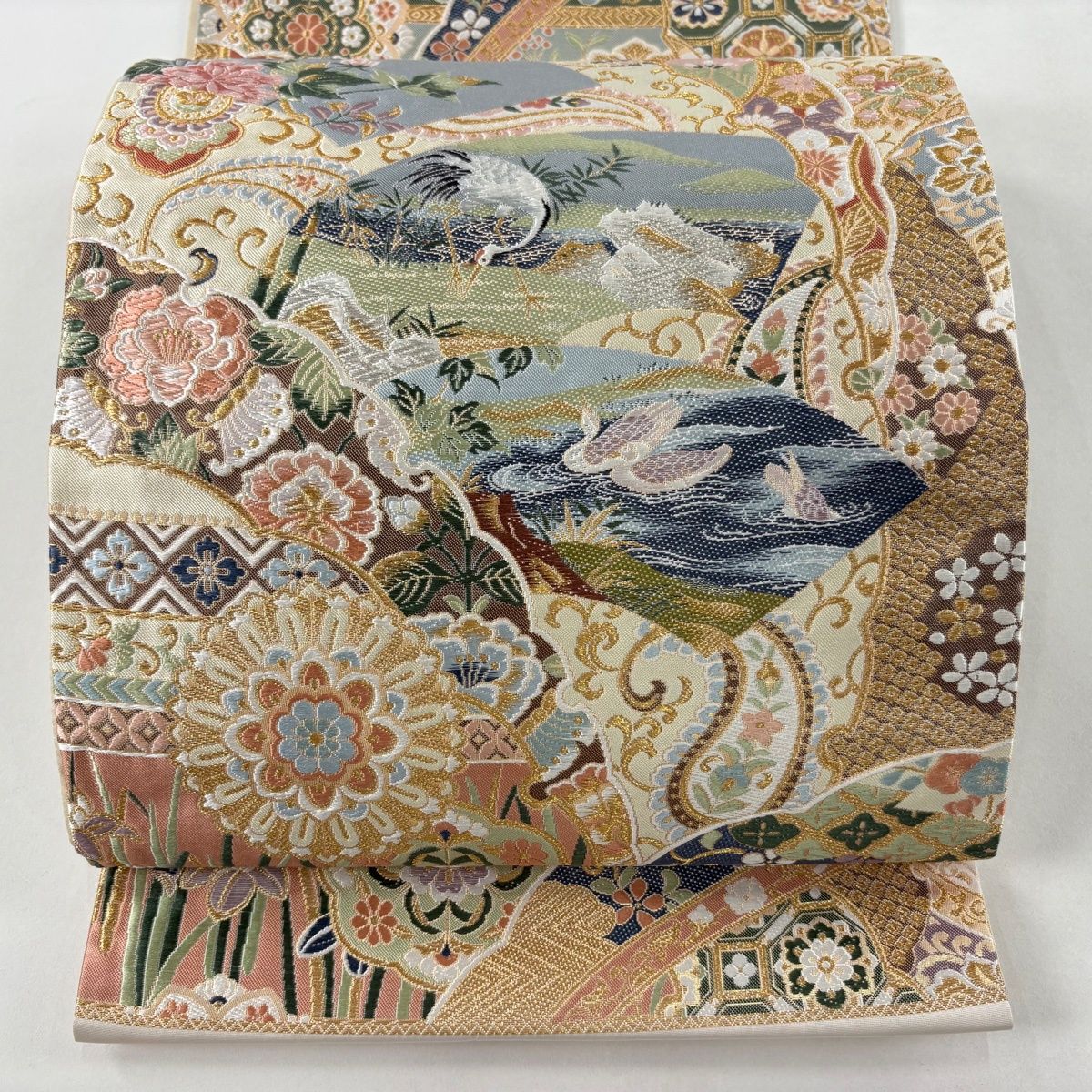 美品】 袋帯 名品 共箱付 大華文扇花鳥図 金糸 箔 ベージュ 六通 正絹