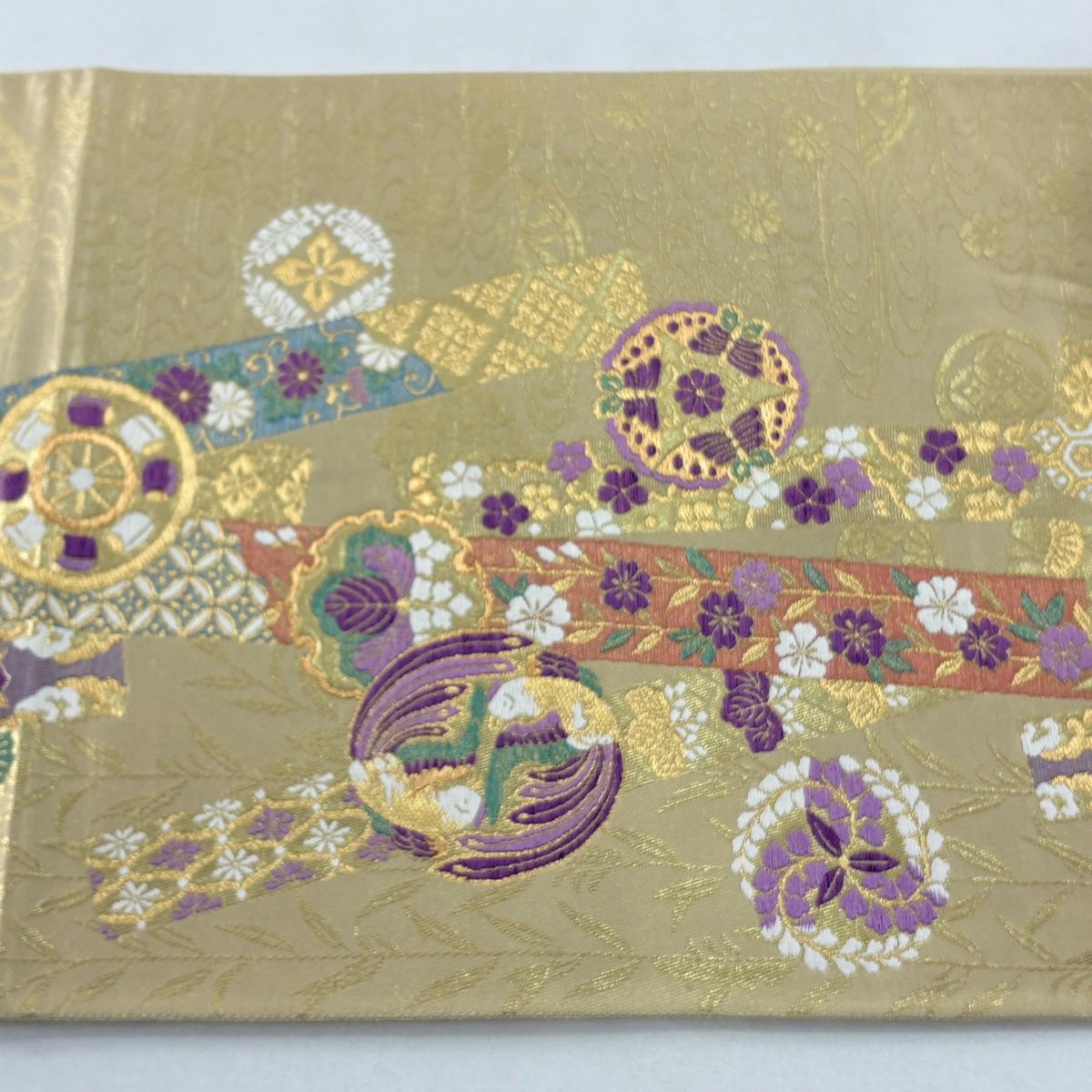 刺繍 袋帯 お太鼓柄 金糸 正絹 袋帯 正絹 お太鼓柄 蘇州刺繍 金糸銀糸 ゴールドx多色 几帳文様 礼装