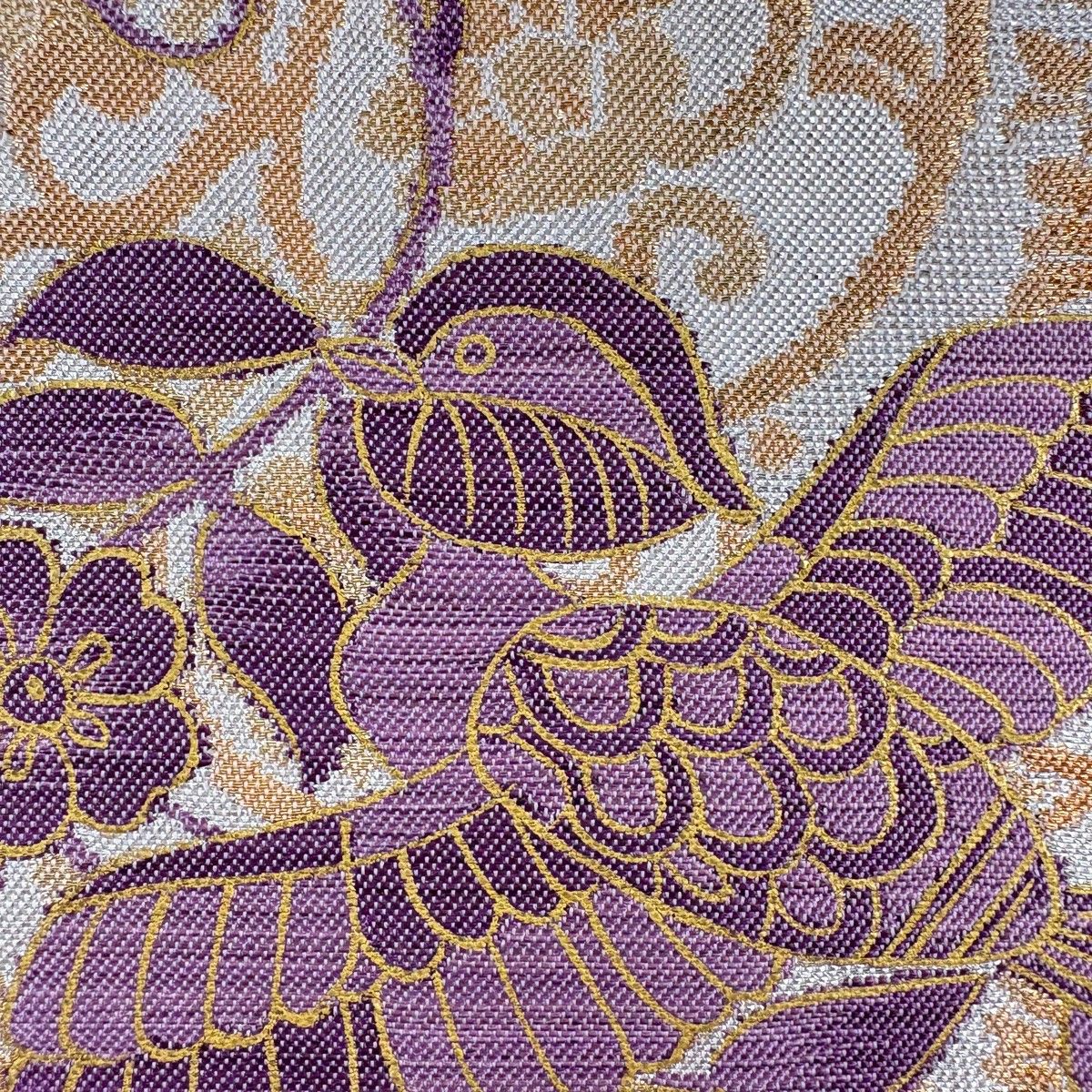 美品】 名古屋帯 名品 帝王紫 落款 関西仕立て 花喰い鳥 華文 金銀糸