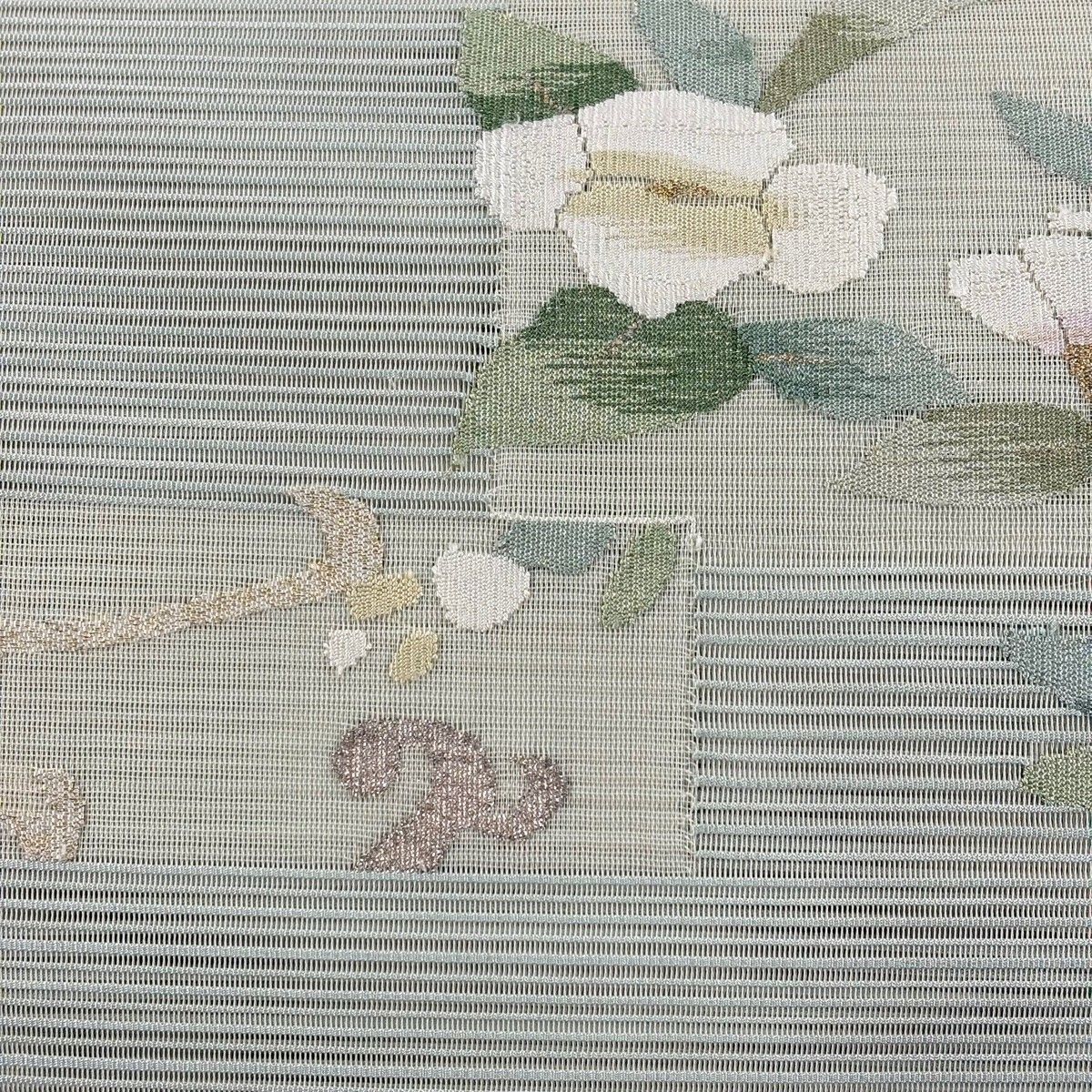 名古屋帯 優品 八寸名古屋帯 松葉仕立て 夏帯 絽 色紙 椿 箔 金銀糸 灰