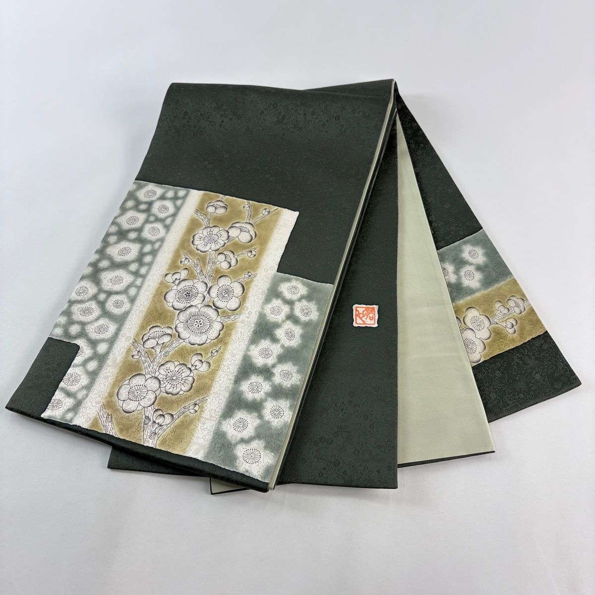 美品】 袋帯 逸品 樋熊哲也 落款 辻が花 金通し 深緑 お太鼓柄 正絹