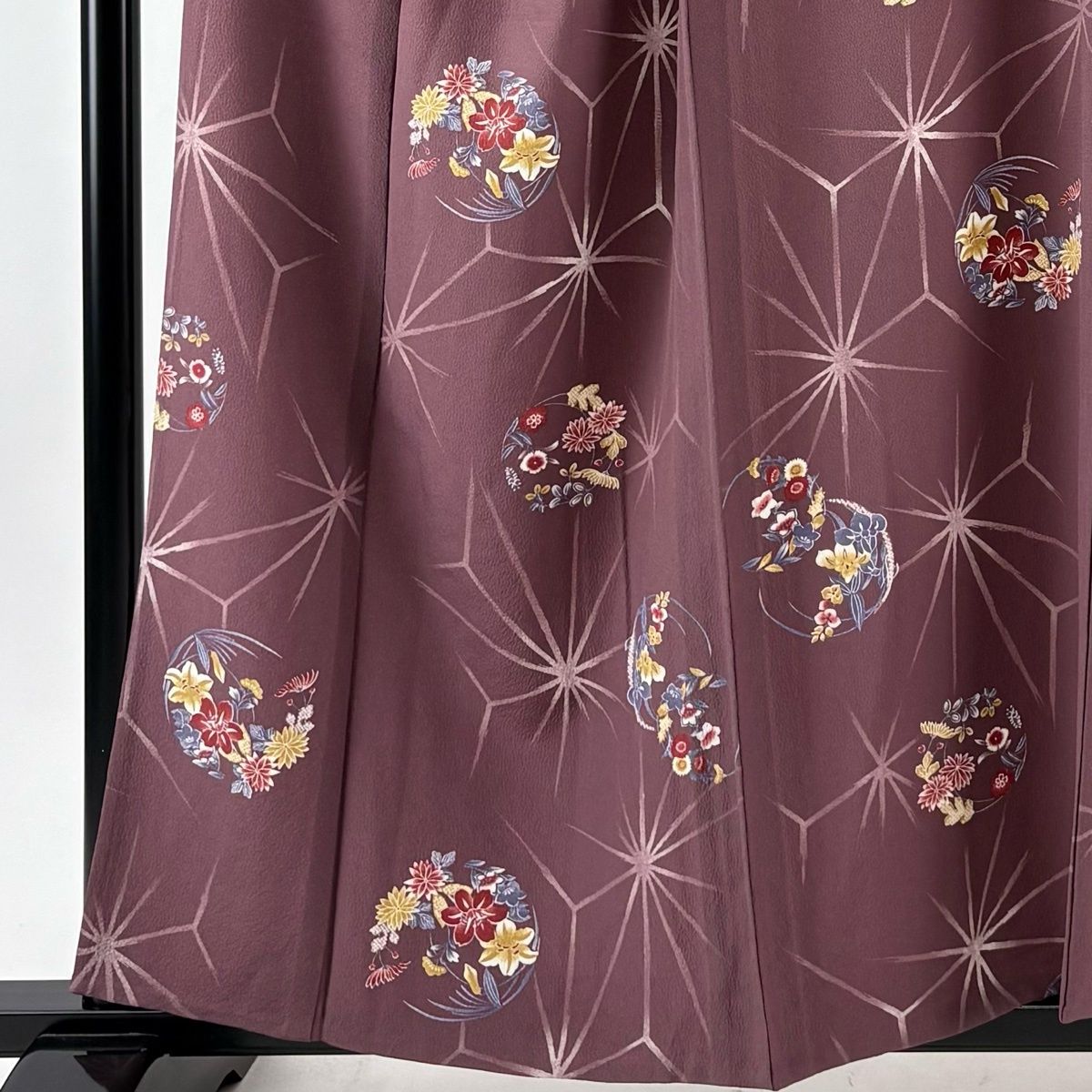 小紋 身丈156cm 裄丈68cm L 単衣 麻の葉 花丸文 小豆色 正絹 優品