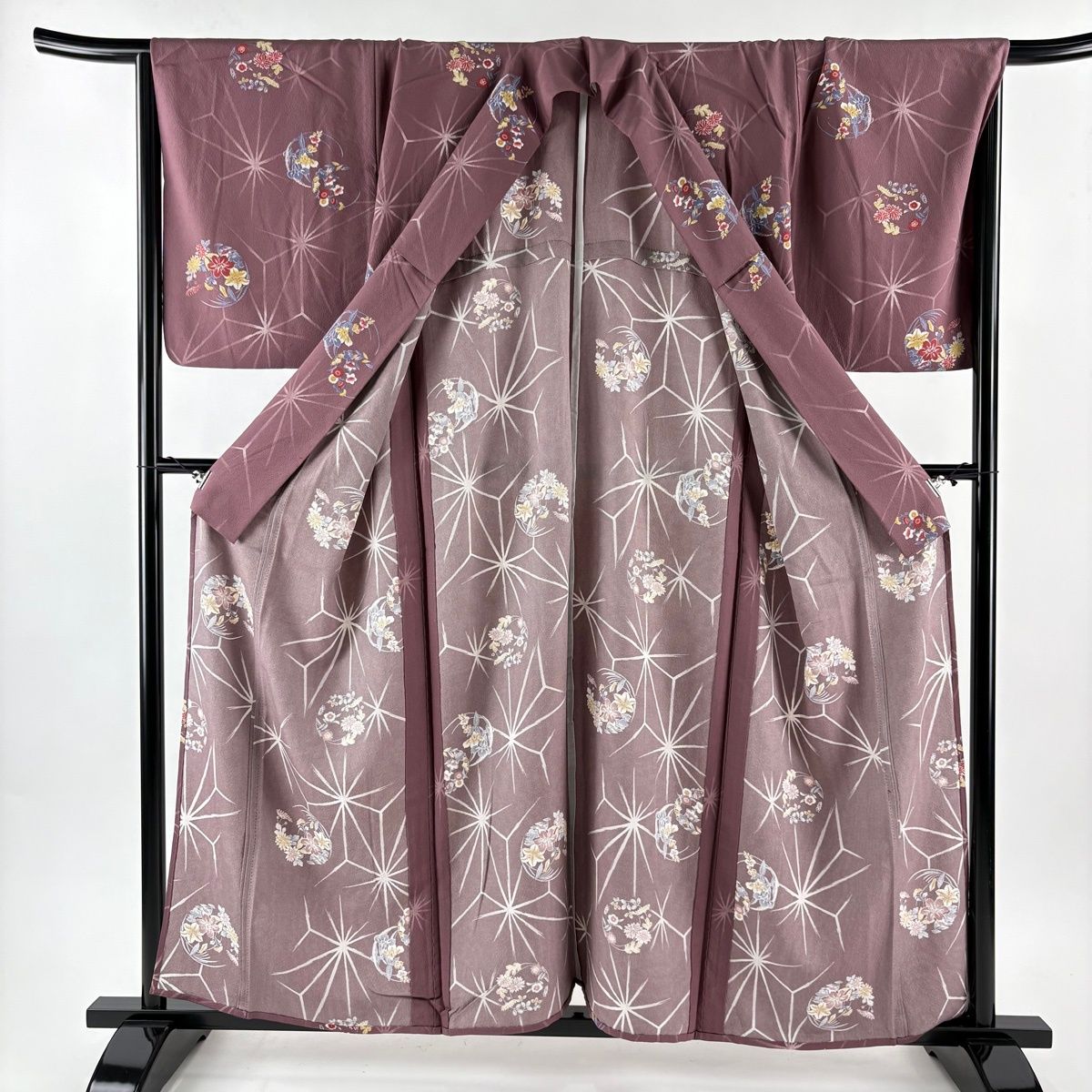 小紋 身丈156cm 裄丈68cm L 単衣 麻の葉 花丸文 小豆色 正絹 優品