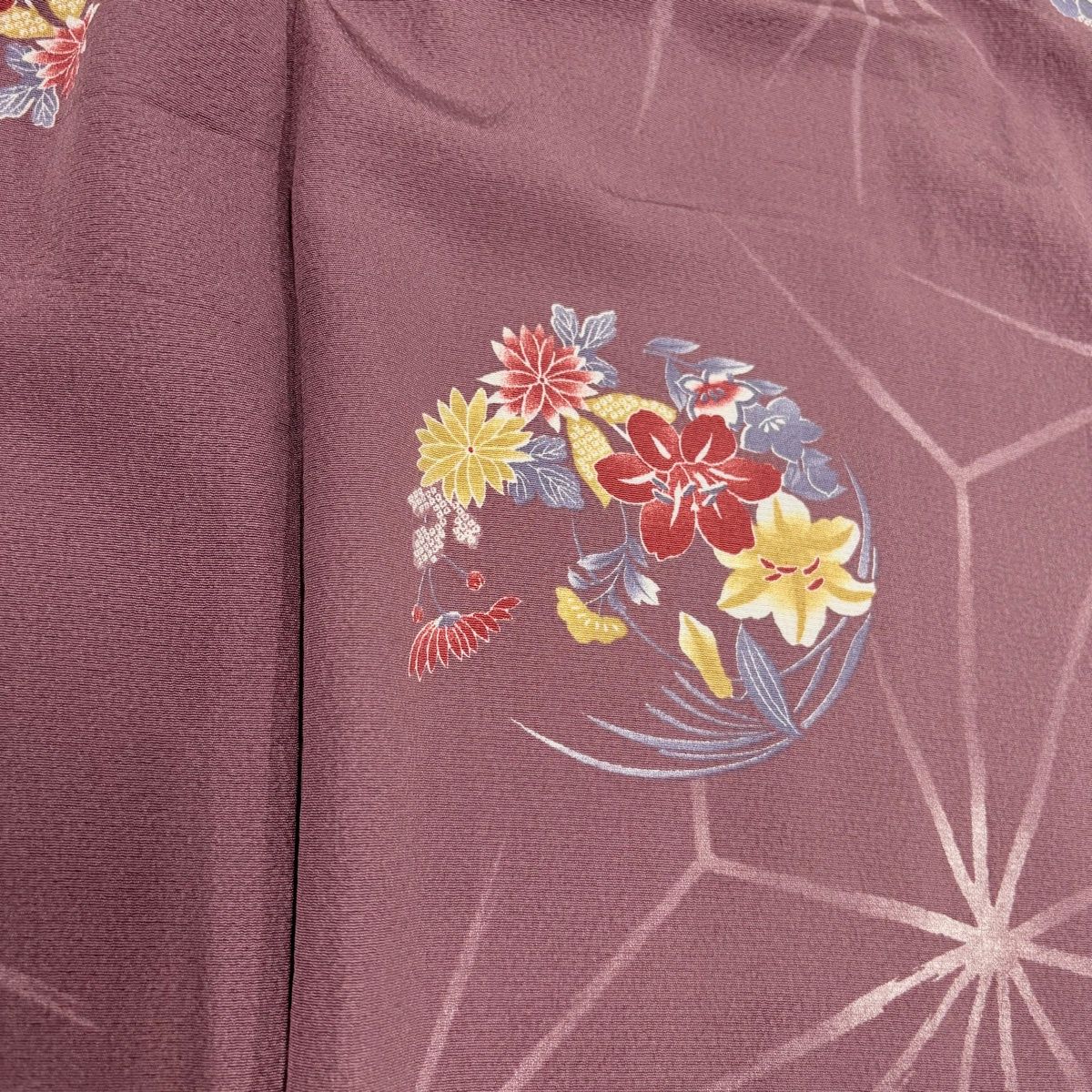 小紋 身丈156cm 裄丈68cm L 単衣 麻の葉 花丸文 小豆色 正絹 優品