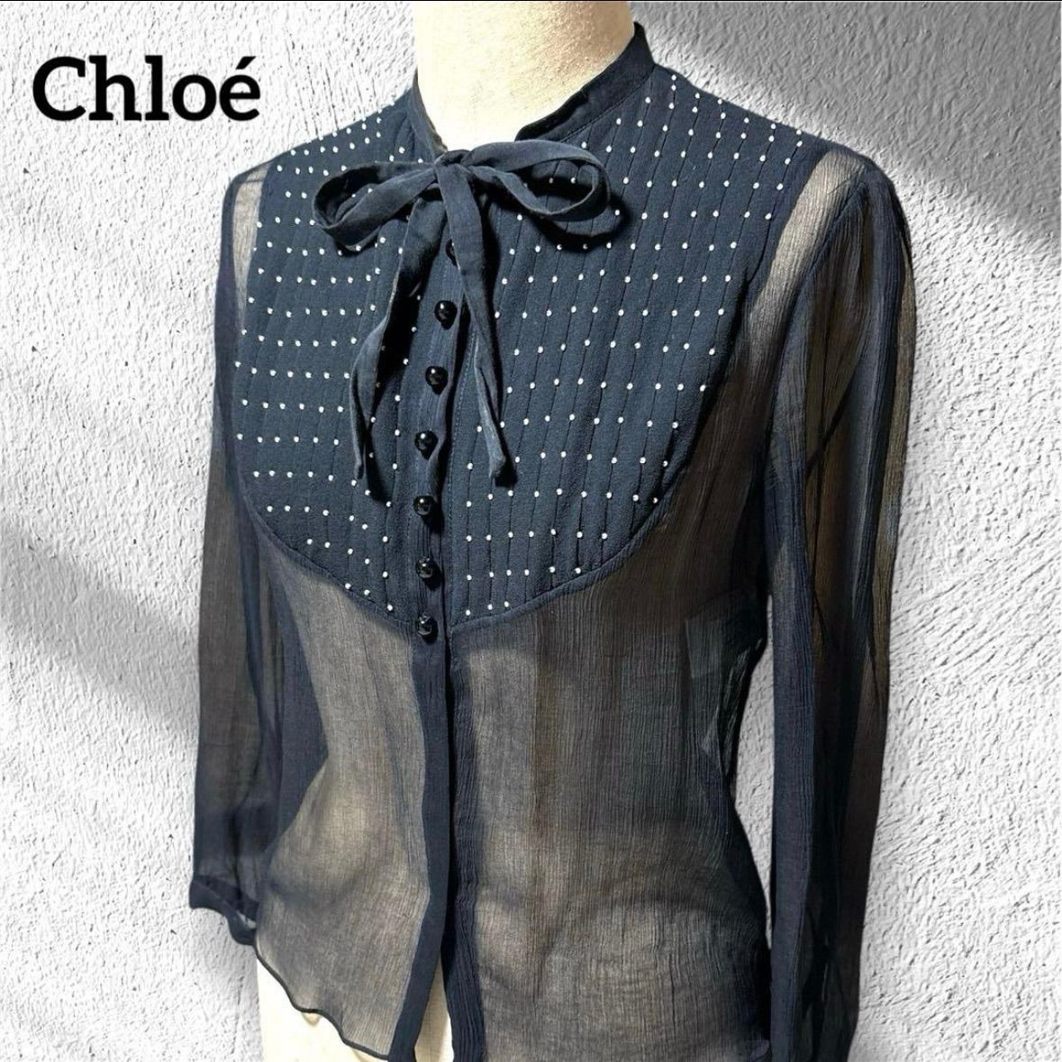クロエ Chloe シルク100% シアー ブラウス ビーズドット リボン 