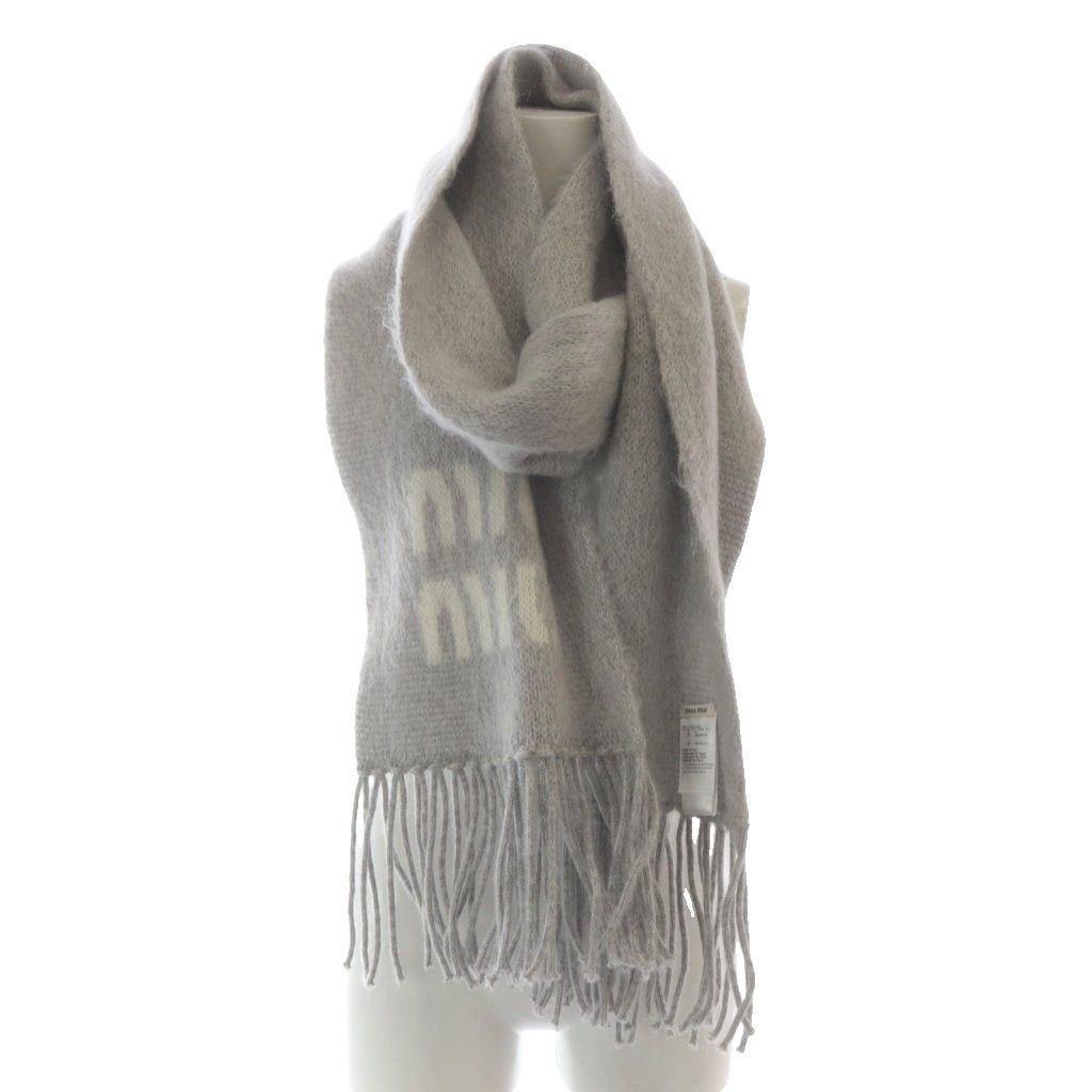ミュウミュウ ウールモヘア　スカーフ　マフラー　グレー ミュウミュウ miumiu 25AW ウールモヘア スカーフ マフラー ロゴ