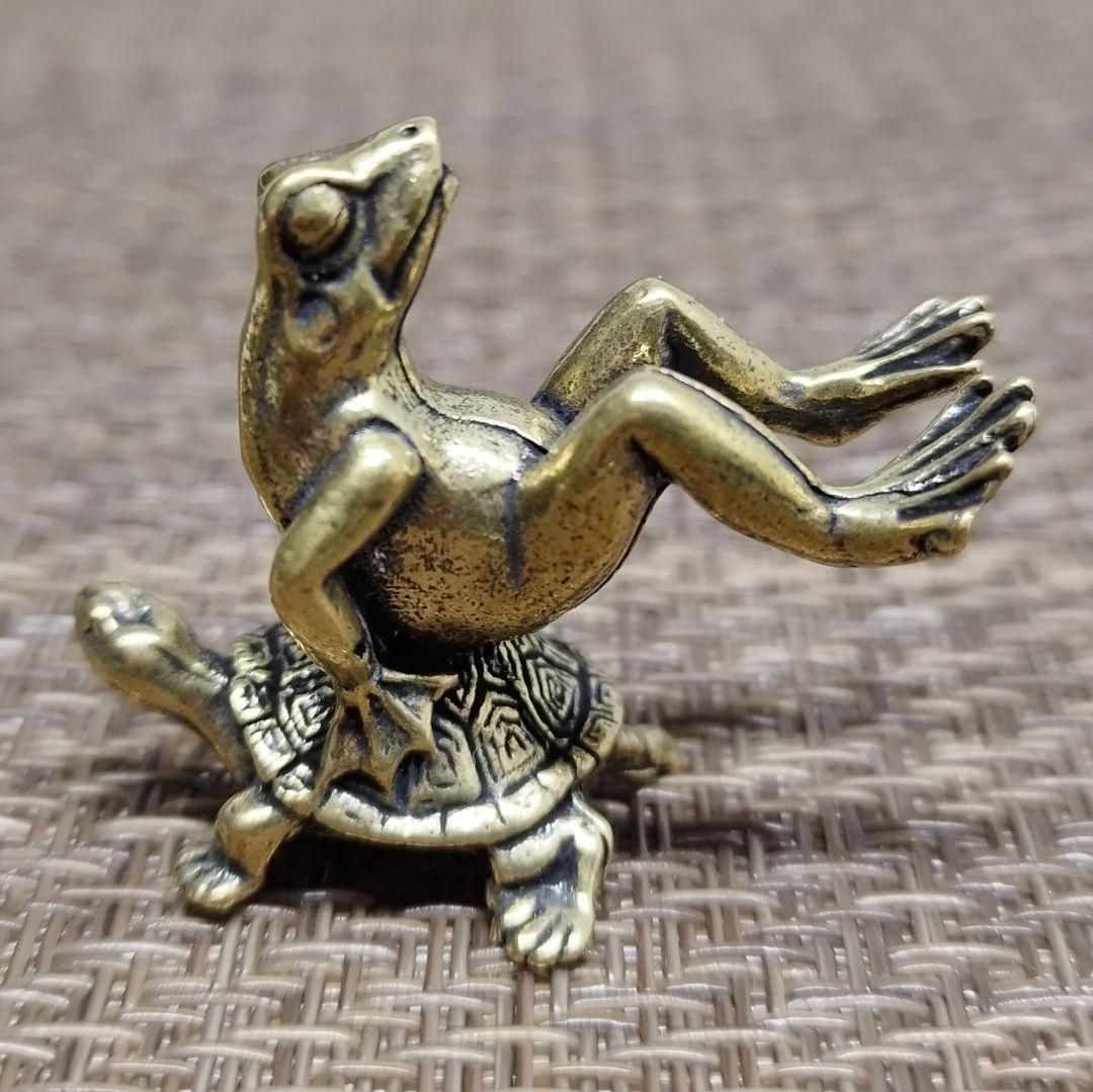 A03 亀に乗ったカエル 真鍮製 ヴィンテージ調 開運置物｜ブラス製 風水