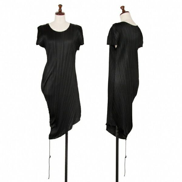 プリーツプリーズPLEATS PLEASE 裾ドローコードアシンメトリーワンピース 黒3