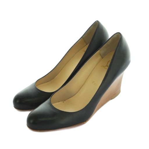 クリスチャン・ルブタン　黒レザーハイヒール・パンプス　ウェッジソール クリスチャン・ルブタン 黒レザーハイヒール・パンプス ウェッジソール