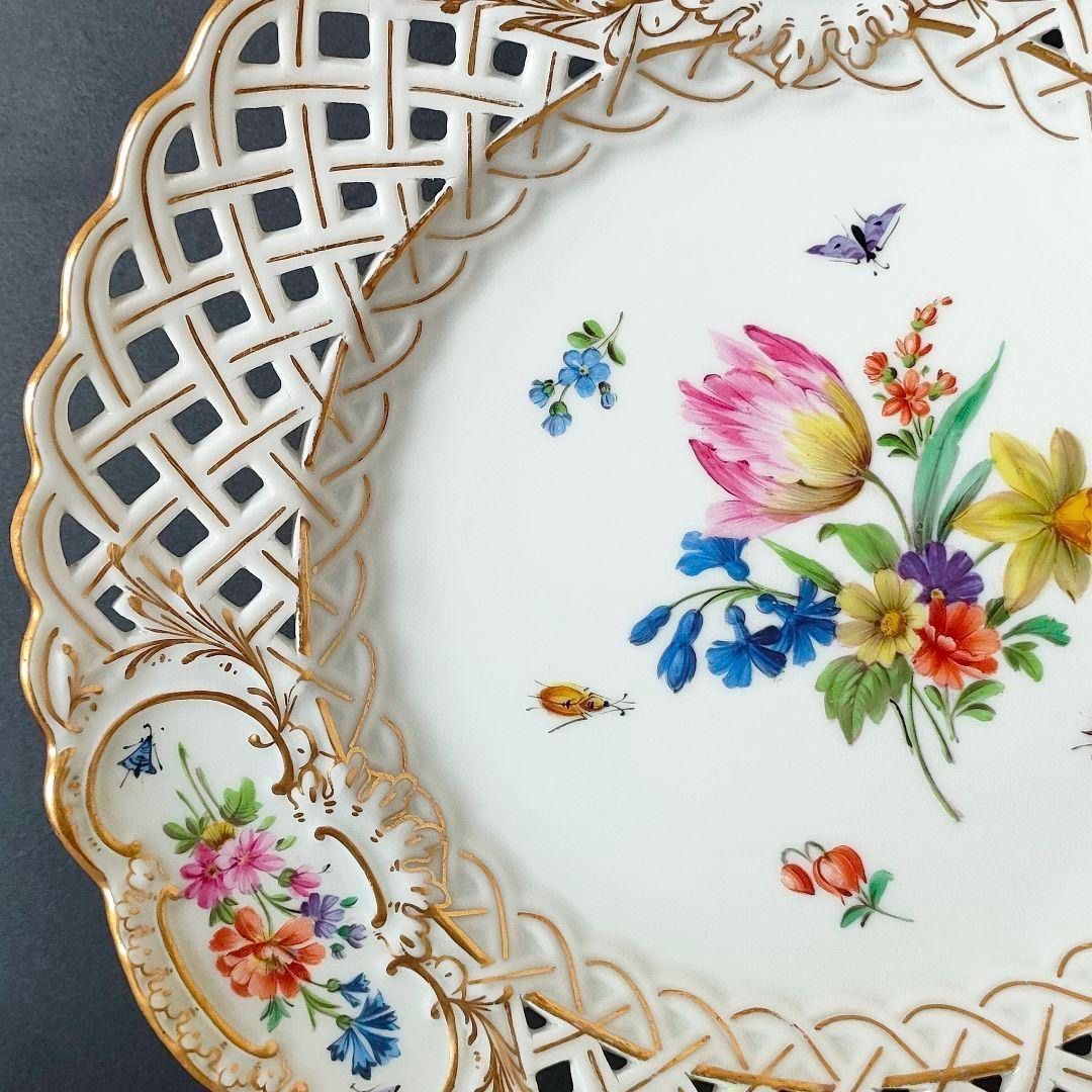 マイセン フワラーブーケ 昆虫 金彩 透かしプレート 1級品 美品