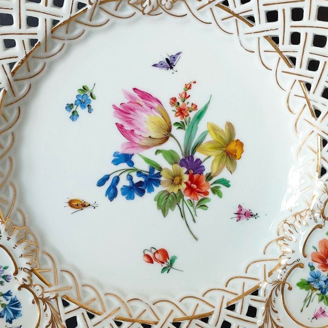 マイセン フワラーブーケ 昆虫 金彩 透かしプレート 1級品 美品