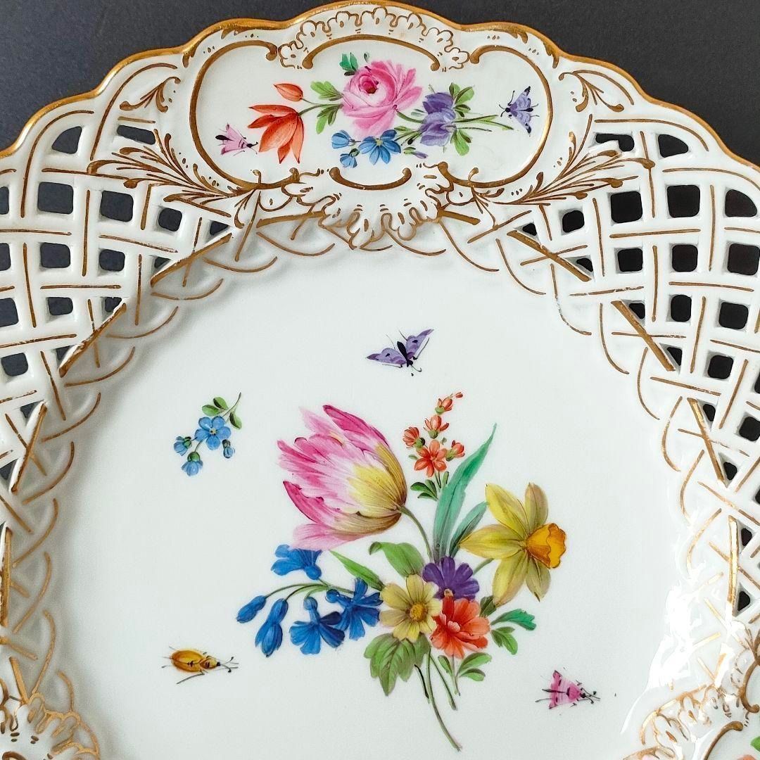 マイセン フワラーブーケ 昆虫 金彩 透かしプレート 1級品 美品