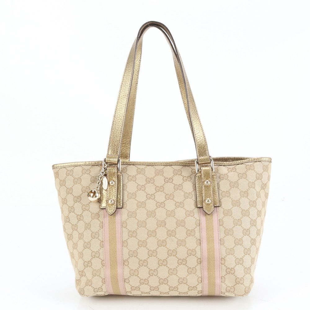 極美品 グッチ GG キャンバス チャーム付 137396 レザー トート バッグ