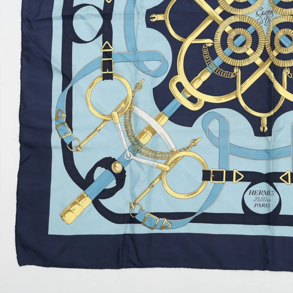 美品 エルメス カレ 90 Eperon d'or 黄金の拍車 ブルー スカーフ