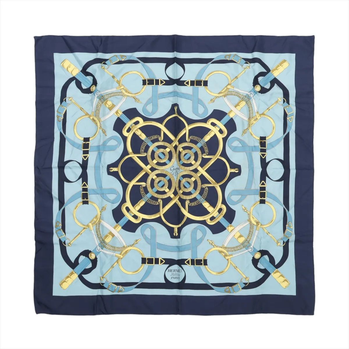 美品 エルメス カレ 90 Eperon d'or 黄金の拍車 ブルー スカーフ