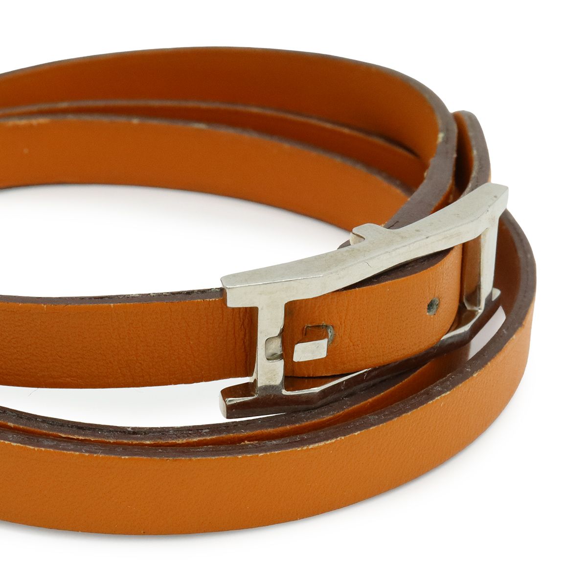 HERMES エルメス アピ3 ロング ブレスレット バングル レザー オレンジ