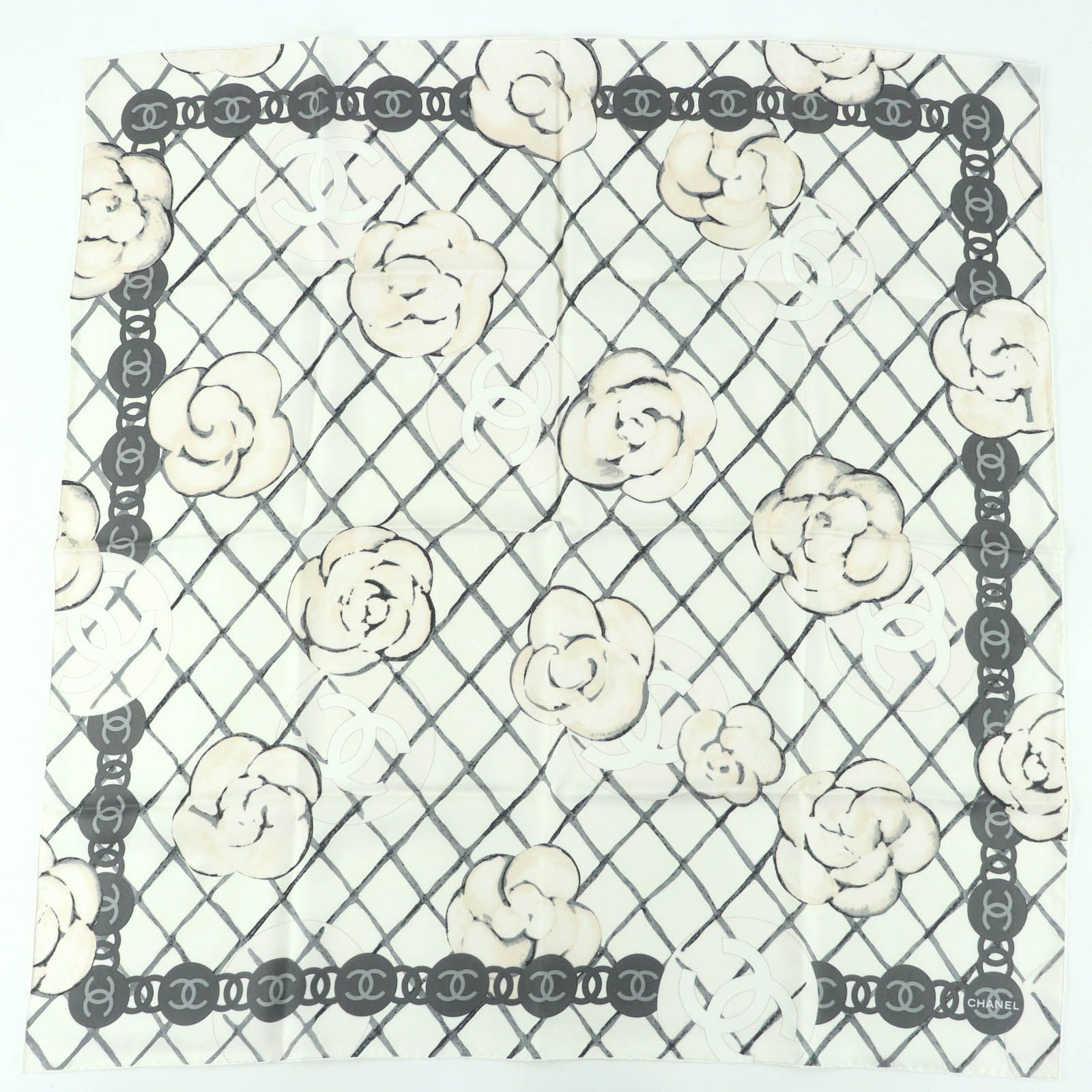 希少✨美品【CHANEL】ココマーク カメリア シルク カシミア 大判スカーフ 極美品☆CHANEL シャネル シルク100％ ココマーク・カメリア