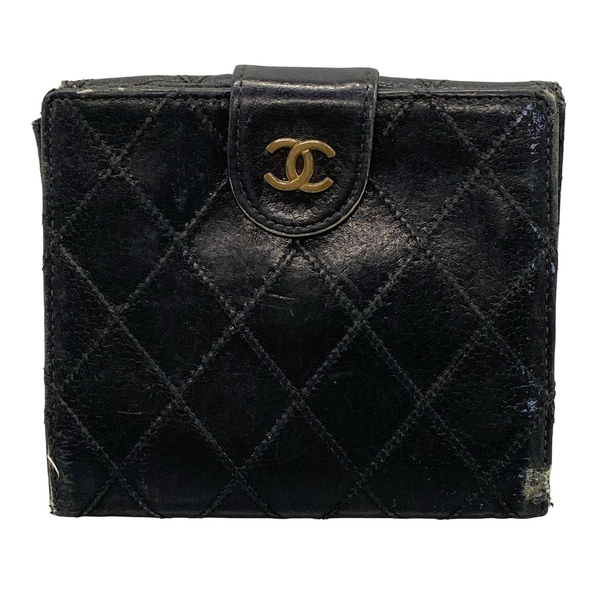 シャネル ビコローレ がま口 コンパクト ウォレット ブラック ゴールド金具 黒 CHANEL(シャネル) Wホック財布 ビコローレ 黒 ゴールド金具 ラムスキン