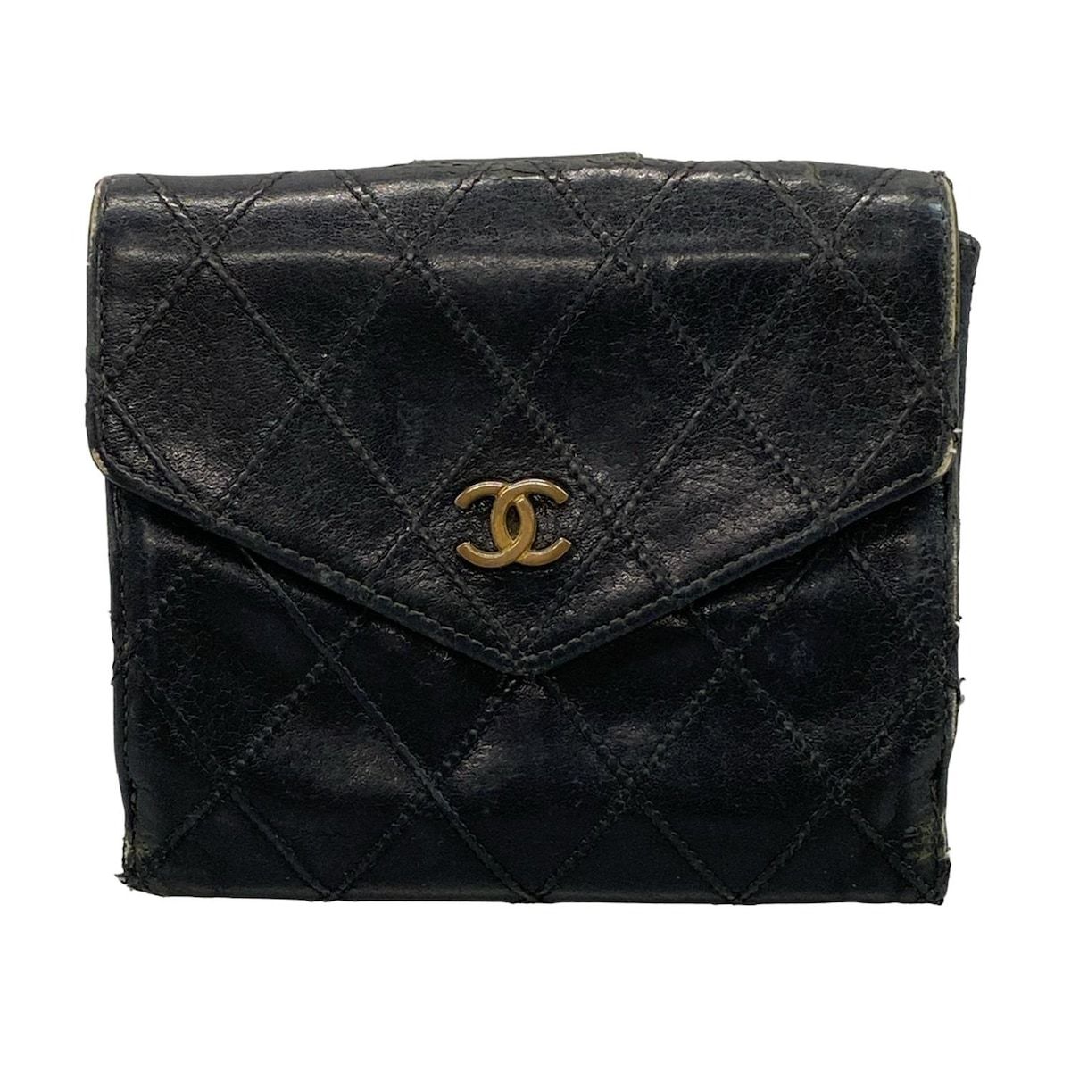 シャネル　黒　Wホック折り財布　ラムスキン　ビコローレ　チェーンウォレット CHANEL(シャネル) Wホック財布 ビコローレ 黒 ゴールド金具 ラムスキン