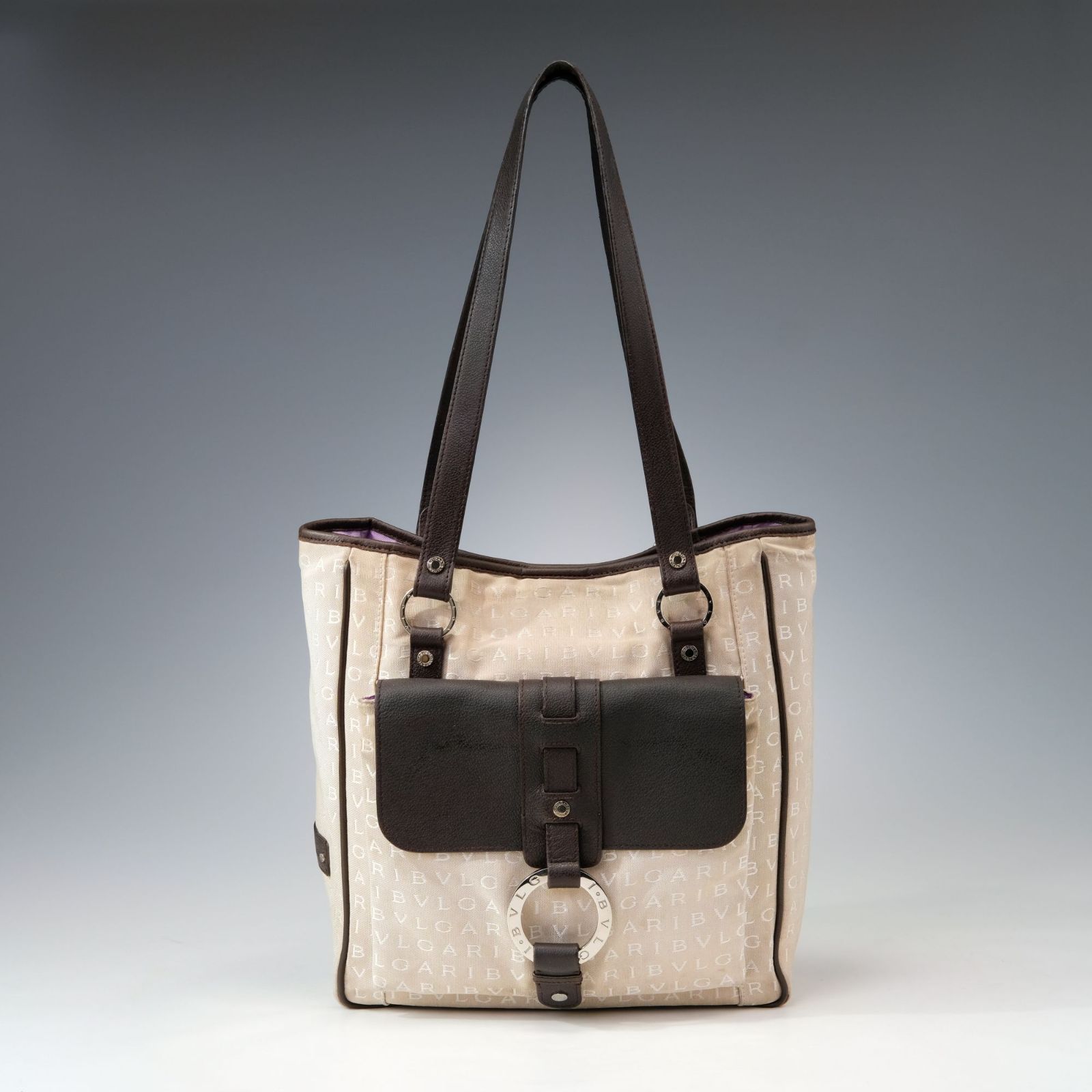 BVLGARI ブルガリ ロゴマニア トートバッグ キャンバス サークルロゴ金具 BVLGARI ブルガリ ロゴマニア トートバッグ ベージュ レザー