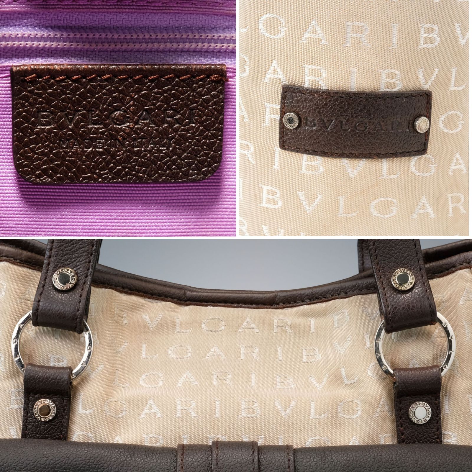 ブルガリ ロゴマニア レッタレ ハンドバッグ サークルロゴ金具 ブラウン BVLGARI ブルガリ ロゴマニア トートバッグ ベージュ レザー