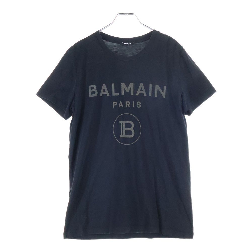 バルマン　ベルベット ロゴプリント Tシャツ　ブラック BALMAIN (バルマン) ロゴプリント クルーネック 半袖Tシャツカットソー