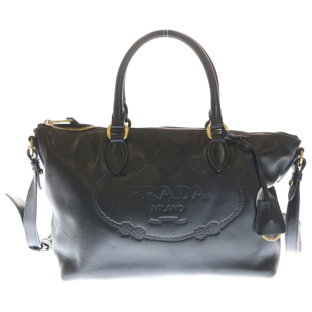 正規品 プラダ 高級 シボ革 ハンドバッグ 黒 ゴールド ショルダー 2WAY 正規品 プラダ 高級 シボ革 ハンドバッグ 黒 ゴールド ショルダー 2WAY