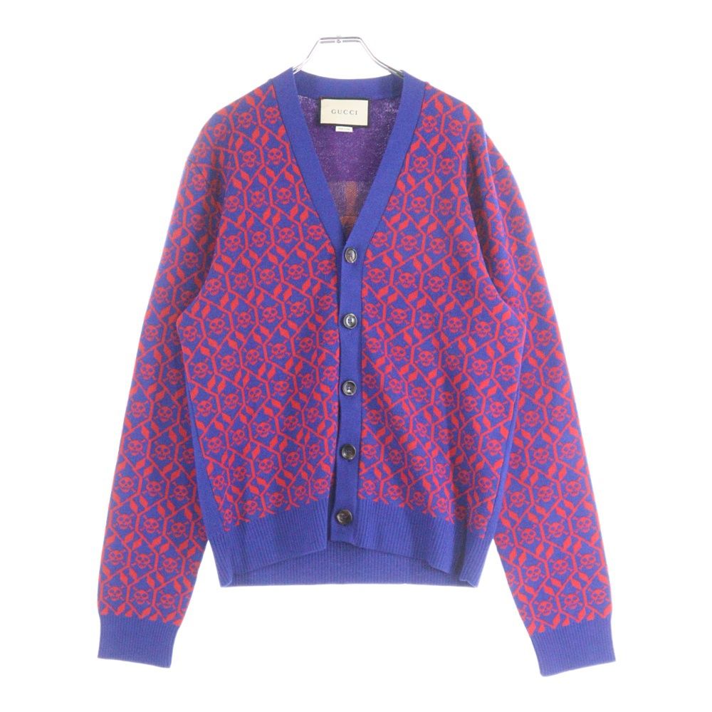 GUCCI チェック カーディガン サイズ XL 紫×赤 ウール ニット GUCCI (グッチ) スカル総柄ジャガード ウールニット 長袖カーディガン
