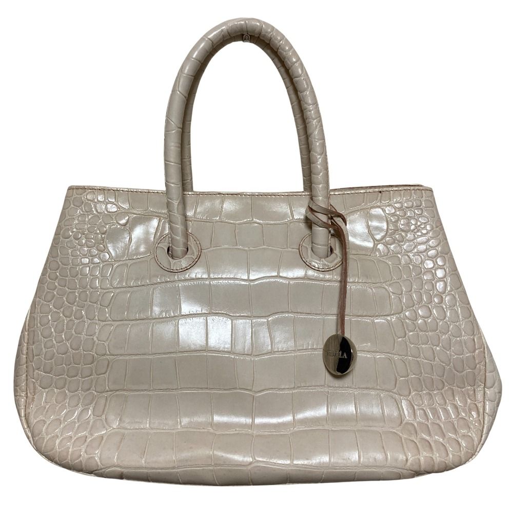 新品同様 FURLA フルラ クロコ型押し トートバッグ ライトベージュ